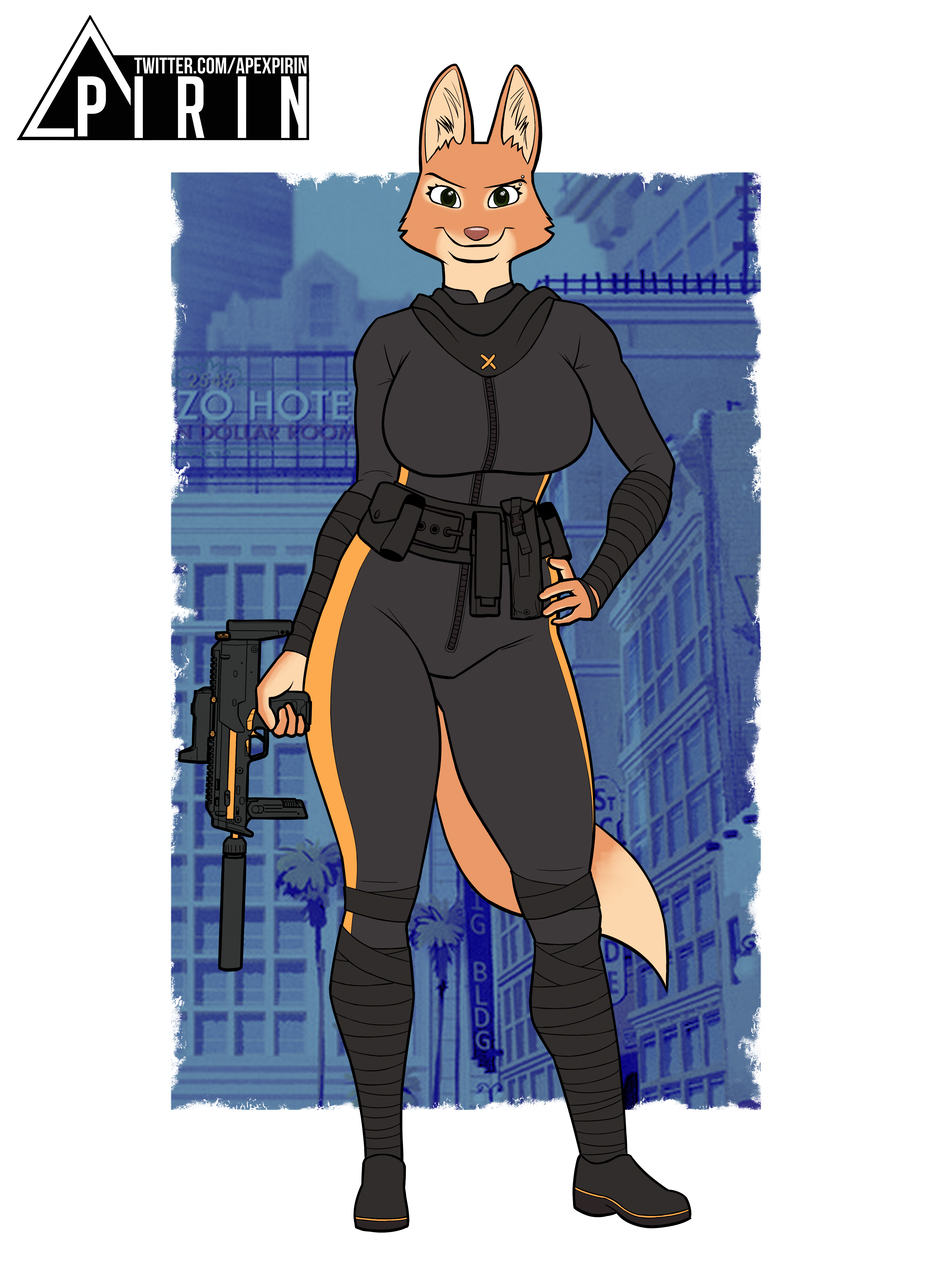 anthro belt black_clothing breasts canid canine clothed clothing diane_foxington dreamworks eyebrow_piercing facial_piercing female fox fur gun hand_on_hip hi_res holding_gun holding_object holding_weapon looking_at_viewer mammal orange_body orange_fur piercing pirin-apex pouches ranged_weapon skinsuit smile solo standing the_bad_guys tight_clothing utility_belt weapon wraps