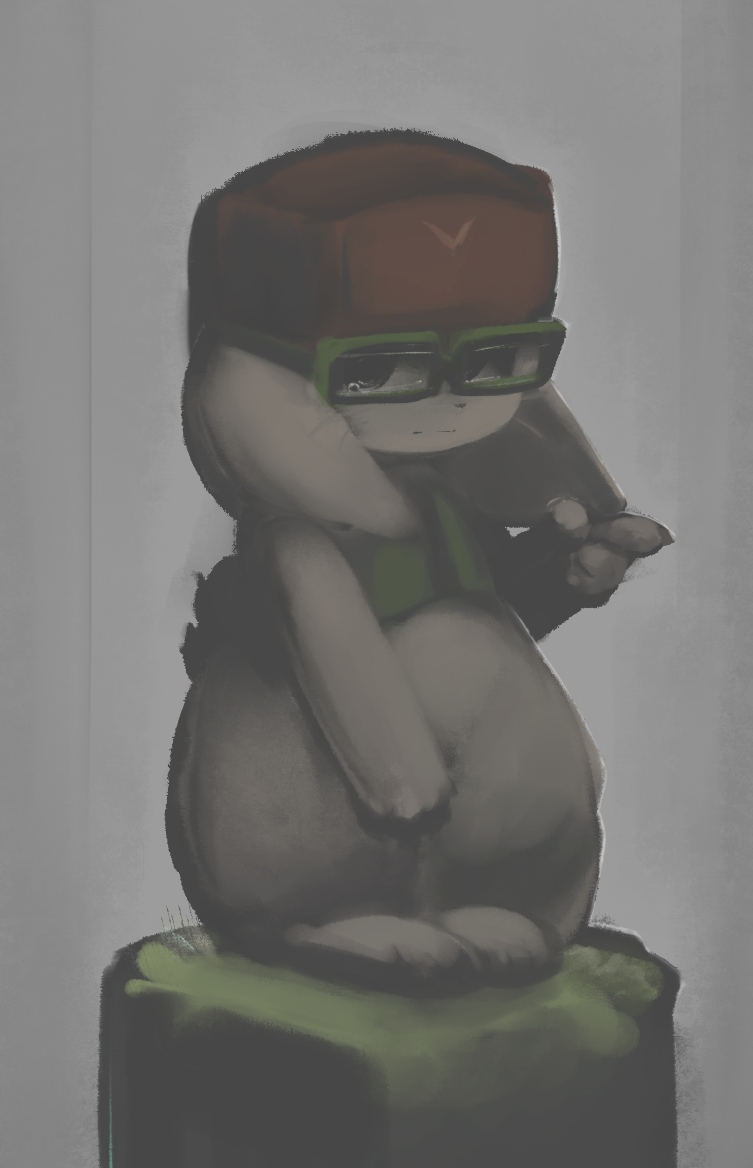 3_toes 4_fingers black_eyes black_lips black_nose black_tail bodily_fluids bottomless cave_story clothed clothing crying eyewear featureless_crotch feet fingers floppy_ears frown fur gesture glasses grass green_clothing green_topwear hand_on_leg hasukii hat headgear headwear jack_(cave_story) kemono lagomorph leporid lips male mammal mimiga plant pointing rabbit short_tail solo standing tears toes topwear vest video_games white_body white_ears white_fur