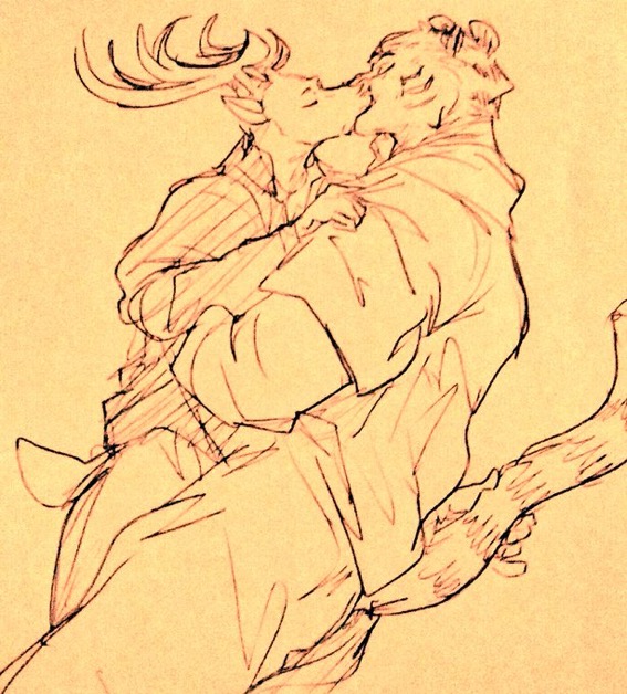 anthro antlers beastars bill_(beastars) cervid clothed clothing clothing_grab duo embrace eyes_closed felid fully_clothed horn hug kissing louis_(beastars) male male/male mammal pantherine tail_grabbing tiger wuffinarts