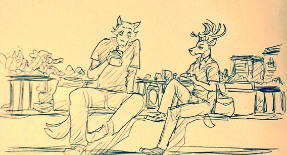 anthro antlers beastars bench canid canine canis cervid clothed clothing drinking duo eating food fully_clothed horn legoshi_(beastars) looking_at_another looking_at_partner louis_(beastars) male male/male mammal sandwich_(food) sitting straw wolf wuffinarts