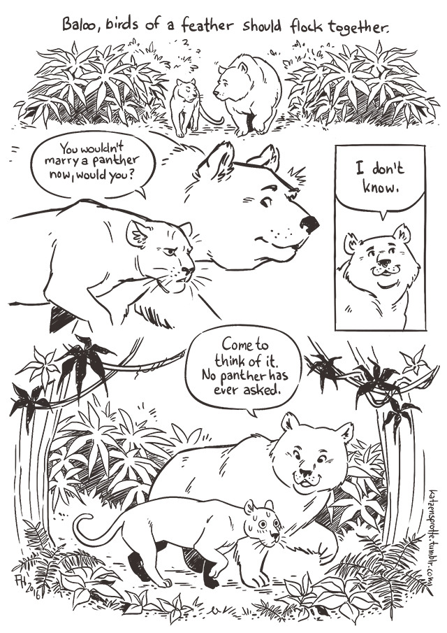 bagheera_(jungle_book) baloo black_eyebrows black_eyes black_nose black_pupils blush blush_lines blushing_profusely bodily_fluids comic detailed_background dialogue disney duo embarrassed eye_contact eyebrows felid feral flirting flower freckles frown grass happy interspecies jungle katzensprotte leaf looking_aside looking_at_another looking_at_partner looking_away looking_down looking_up love male mammal outside pantherine plant pupils shrub shy signature size_difference sketch sloth_bear smile speech_bubble surprise surprised_expression surprised_face surprised_look sweat sweatdrop sweating_profusely talking_to_another talking_to_partner text the_jungle_book thick_eyebrows tree tsundere ursid ursine walking whiskers