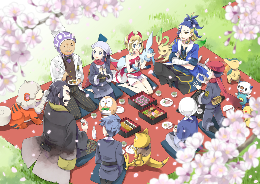 3girls 5boys abra adaman_(pokemon) akari_(pokemon) bandana bangs barefoot beanie beni_(pokemon) black_hair blonde_hair blue_coat blue_hair bow bowtie brown_vest buttons coat commentary_request crossed_arms cup cyllene_(pokemon) cyndaquil day facial_hair glaceon grass grey_hair grey_jacket grey_pants grey_skirt hairband hat head_scarf hisuian_growlithe holding irida_(pokemon) jacket kamado_(pokemon) laventon_(pokemon) leafeon morisawa_machi multiple_boys multiple_girls mustache oshawott outdoors pants picnic pikachu plate pokemon pokemon_(creature) pokemon_(game) pokemon_legends:_arceus ponytail purple_headwear red_hairband red_headwear red_scarf rei_(pokemon) rowlet sash scarf shirt short_hair shorts sitting skirt strapless strapless_shirt vest white_bandana white_coat white_shorts