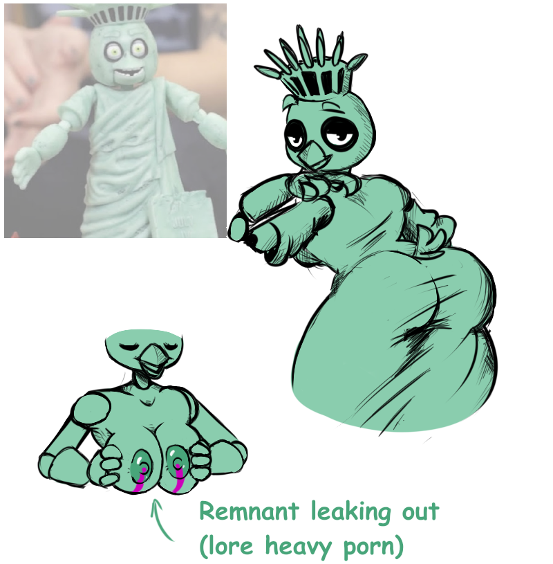 anthro avian beak bird breasts chica_(fnaf) chicken exposed_breasts female five_nights_at_freddy's galliform gallus_(genus) green_body green_skin mevka_(artist) milk milk_leaking nipples non-mammal_breasts non-mammal_nipples phasianid scottgames sculpture solo statue statue_of_liberty text video_games