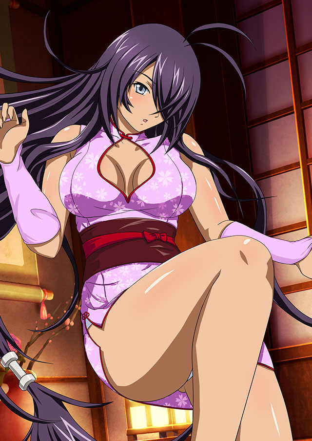 1girl antenna_hair bare_legs breasts bridal_gauntlets china_dress chinese_clothes cleavage cleavage_cutout clothing_cutout dress floating_hair grey_eyes hair_over_one_eye ikkitousen kan'u_unchou large_breasts leg_up long_hair low-tied_long_hair obi open_mouth panties pantyshot pink_dress purple_hair sash shiny shiny_hair shiny_skin short_dress sleeveless sleeveless_dress solo underwear very_long_hair white_panties