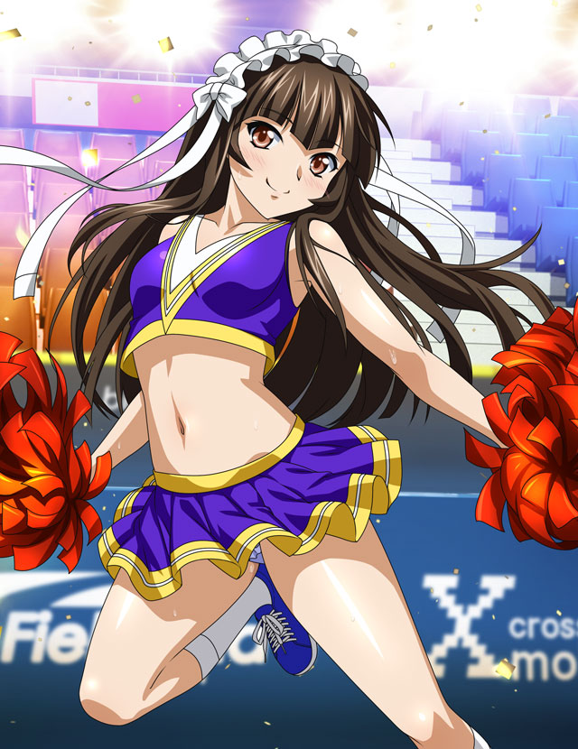 1girl bangs blunt_bangs bow breasts brown_eyes brown_hair c: cheerleader closed_mouth collarbone crop_top floating_hair hair_bow hair_ribbon ikkitousen long_hair looking_at_viewer midriff miniskirt navel panties pantyshot pleated_skirt pom_pom_(cheerleading) purple_skirt ribbon shiny shiny_hair skirt small_breasts smile socks solo stomach ten'i_(ikkitousen) underwear very_long_hair white_bow white_ribbon white_socks