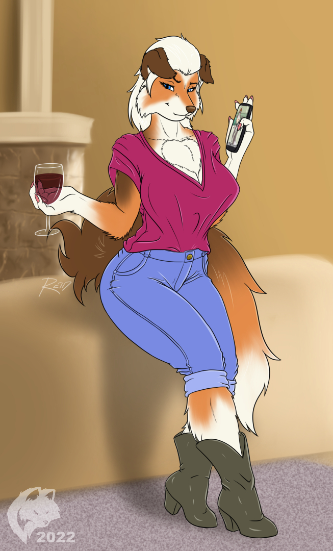 2022 5_fingers alcohol anthro beth_(jeremy_bernal) beverage blouse boots bottomwear breasts brown_body brown_fur brown_nose canid canine canis cellphone chest_tuft claws cleavage clothed clothing collie container cup denim denim_clothing digital_media_(artwork) domestic_dog drinking_glass female finger_claws fingers flat_colors footwear fur ghostwolf glass glass_container glass_cup hair herding_dog high_heeled_boots high_heels holding_beverage holding_object humanoid_hands jeans looking_at_viewer mammal mature_anthro mature_female multicolored_body multicolored_fur pants pastoral_dog phone sheepdog signature smartphone smile solo standing topwear tuft two_tone_body two_tone_fur white_body white_fur white_hair wine wine_glass