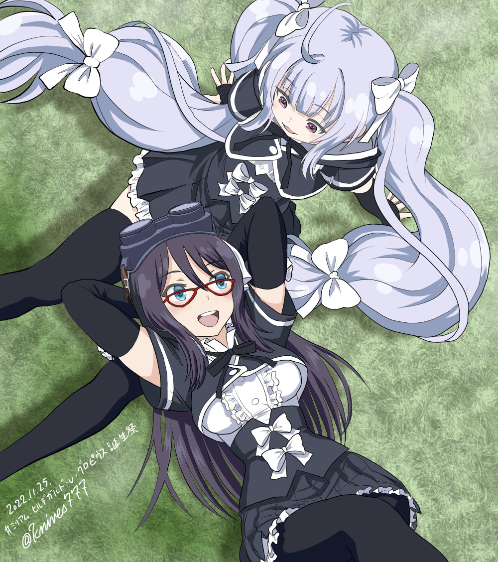 2girls :3 :d arm_support arms_behind_head arms_up assault_lily bangs black_hair black_pantyhose black_ribbon black_skirt black_thighhighs blue_eyes blunt_bangs blush bow breasts buttons center_frills commentary_request corset cropped_jacket dated day detached_sleeves frilled_shirt frilled_shirt_collar frilled_skirt frills from_above glasses goggles goggles_on_head grass grey_hair hair_between_eyes hair_bow hair_spread_out hashtag hood hood_down knives_(knives777) lap_pillow leaning_back long_hair long_sleeves looking_at_another looking_down looking_up lying mashima_moyu medium_breasts miniskirt miriam_hildegard_von_gropius multiple_girls neck_ribbon on_back on_grass on_ground outdoors pantyhose parted_lips pleated_skirt purple_eyes red-framed_eyewear ribbon school_uniform shadow shirt short_sleeves sidelocks sitting skirt sleeve_bow sleeves_past_wrists smile teeth thighhighs translated twintails twitter_username underbust upper_teeth very_long_hair white_bow white_shirt yurigaoka_girls_academy_school_uniform zettai_ryouiki