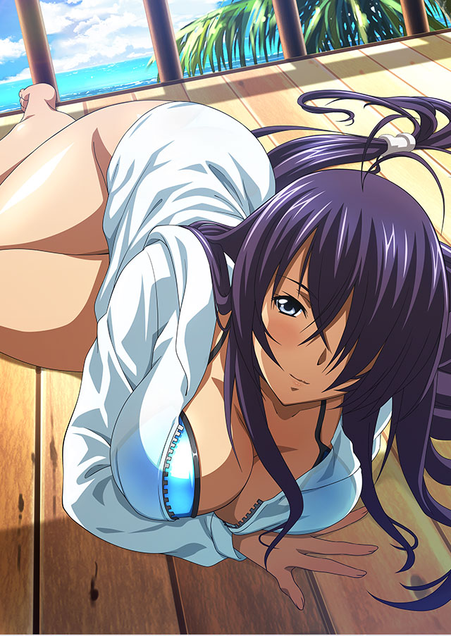 1girl bare_legs barefoot bikini bikini_under_clothes blue_bikini breasts cleavage closed_mouth cloud collarbone day grey_eyes hair_over_one_eye hood hood_down hooded_jacket ikkitousen jacket kan'u_unchou large_breasts long_hair long_sleeves looking_at_viewer lying ocean open_clothes open_jacket outdoors purple_hair shiny shiny_hair smile solo straight_hair summer swimsuit unzipped very_long_hair white_jacket wooden_floor