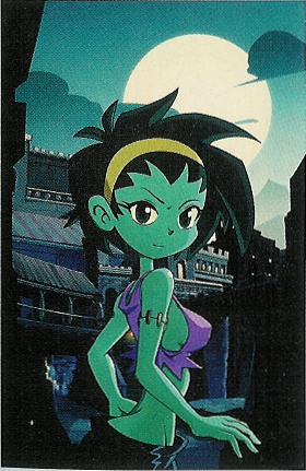 &gt;:) bare_shoulders breasts building cloud crop_top from_side full_moon green_eyes green_hair green_skin groin hairband looking_at_viewer looking_back lowleg lowleg_shorts lowres medium_breasts midriff moon night night_sky outdoors rottytops scan scan_artifacts shantae_(series) shorts sideboob sky slender_waist smile solo spiked_hair standing stitches tank_top torn_clothes upper_body v-shaped_eyebrows zombie