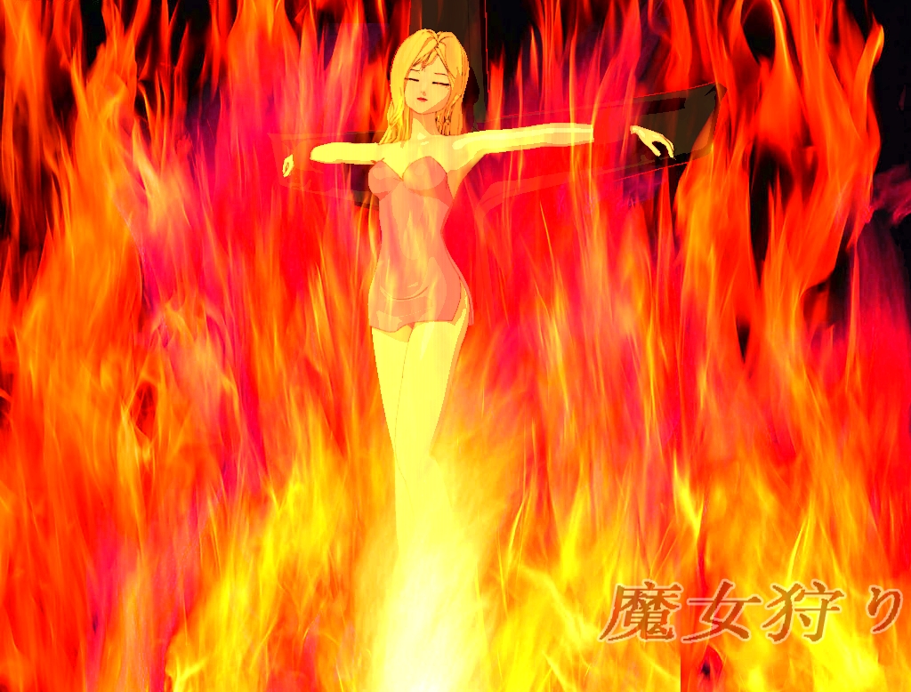 1girl blonde_hair burn burning burning_at_the_stake cross crucifixion death denev_rove die eyes_closed fire guro horror long_hair pain short_dress solo witch