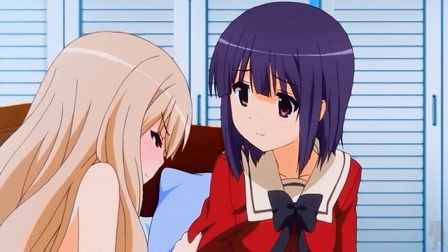 2girls animated animated_gif gif kawamura_reo kiss long_hair multiple_girls sawaguchi_mai school_uniform short_hair sono_hanabira_ni_kuchizuke_wo yuri