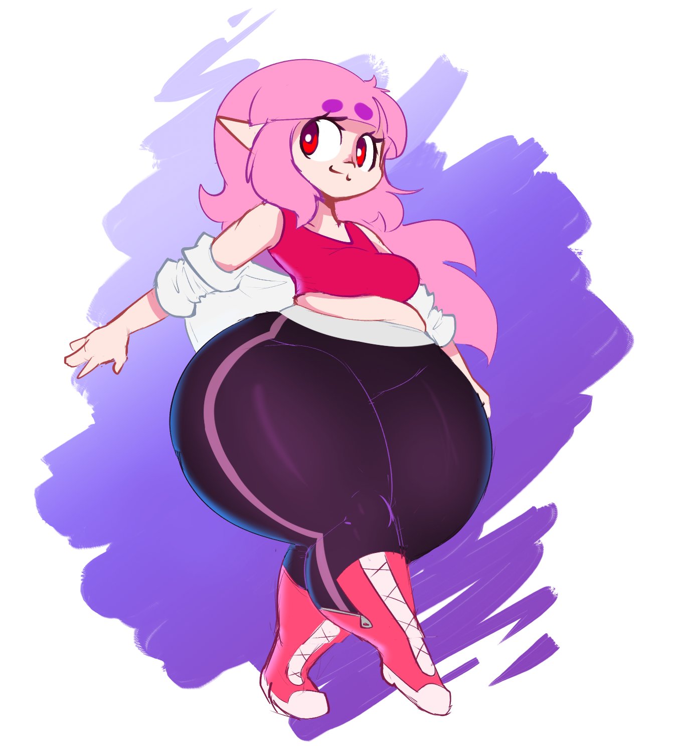 big_butt butt elise_(mysterydad) female hair hi_res huge_butt huge_thighs humanoid humanoid_pointy_ears mysterydad pink_hair red_eyes smile solo thick_thighs vampire walking wide_hips