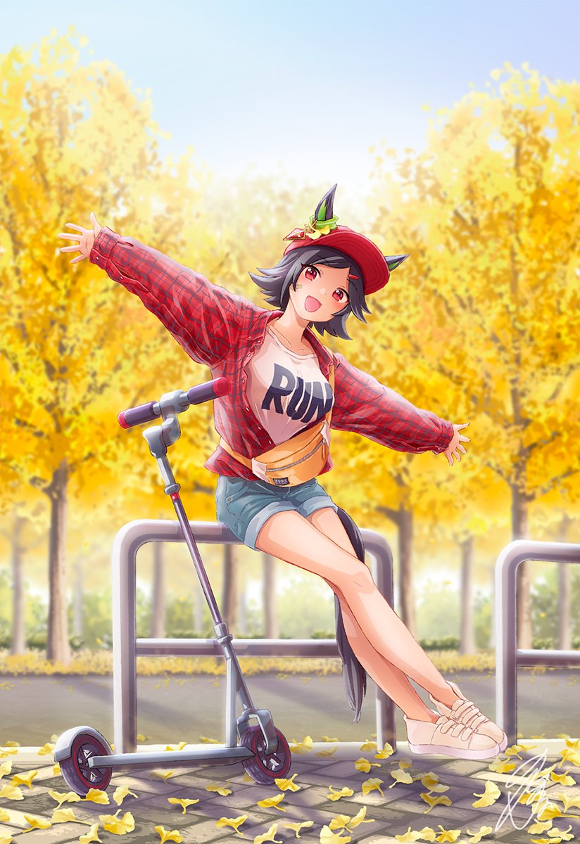 1girl alternate_costume animal_ears bandaid bandaid_on_face baseball_cap black_hair blue_shorts blurry blurry_background blush breasts day ears_through_headwear fanny_pack full_body hair_ornament hairclip hat highres horse_ears horse_girl horse_tail jacket kick_scooter leaf legs long_sleeves looking_at_viewer medium_breasts open_mouth outdoors outstretched_arms red_eyes red_headwear red_jacket shirt shoes short_hair shorts sign sitting smile sneakers solo spread_arms tail tree umamusume unajiru white_footwear white_shirt winning_ticket_(umamusume)