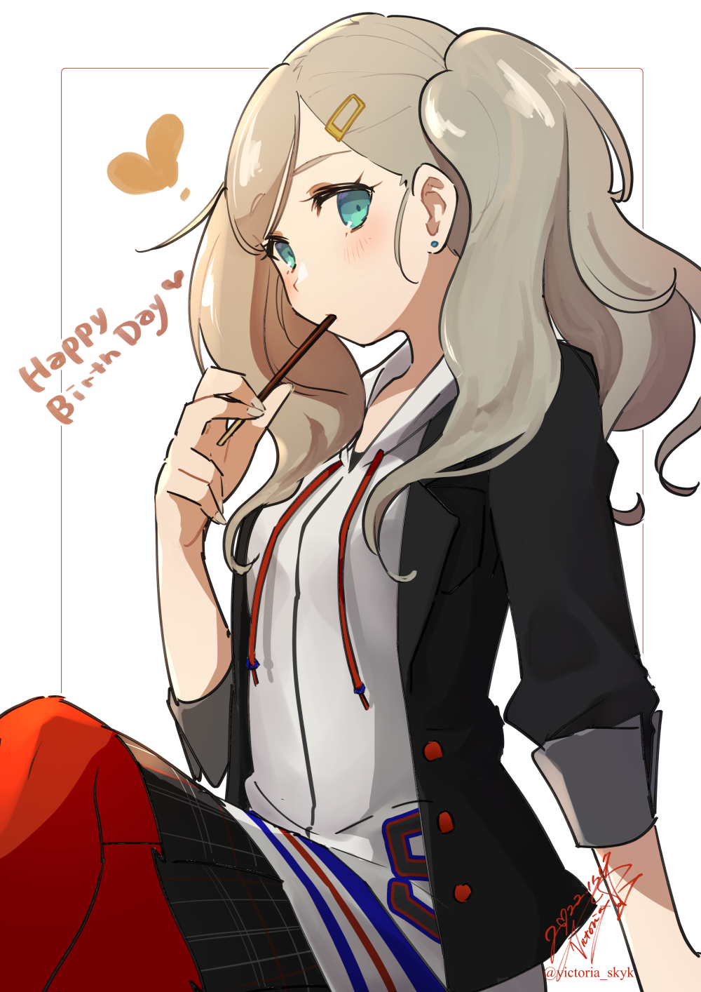 1girl bangs black_jacket blonde_hair blue_eyes blush buttons commentary_request crossed_legs english_text fingernails food hair_ornament hairclip happy_birthday heart highres holding holding_food hood hood_down hoodie jacket looking_at_viewer open_clothes open_jacket pantyhose persona persona_5 plaid plaid_skirt pocky red_pantyhose school_uniform shuujin_academy_uniform signature sitting skirt sleeves_rolled_up solo swept_bangs takamaki_anne twintails twitter_username uniform victoria_skyk white_background white_hoodie