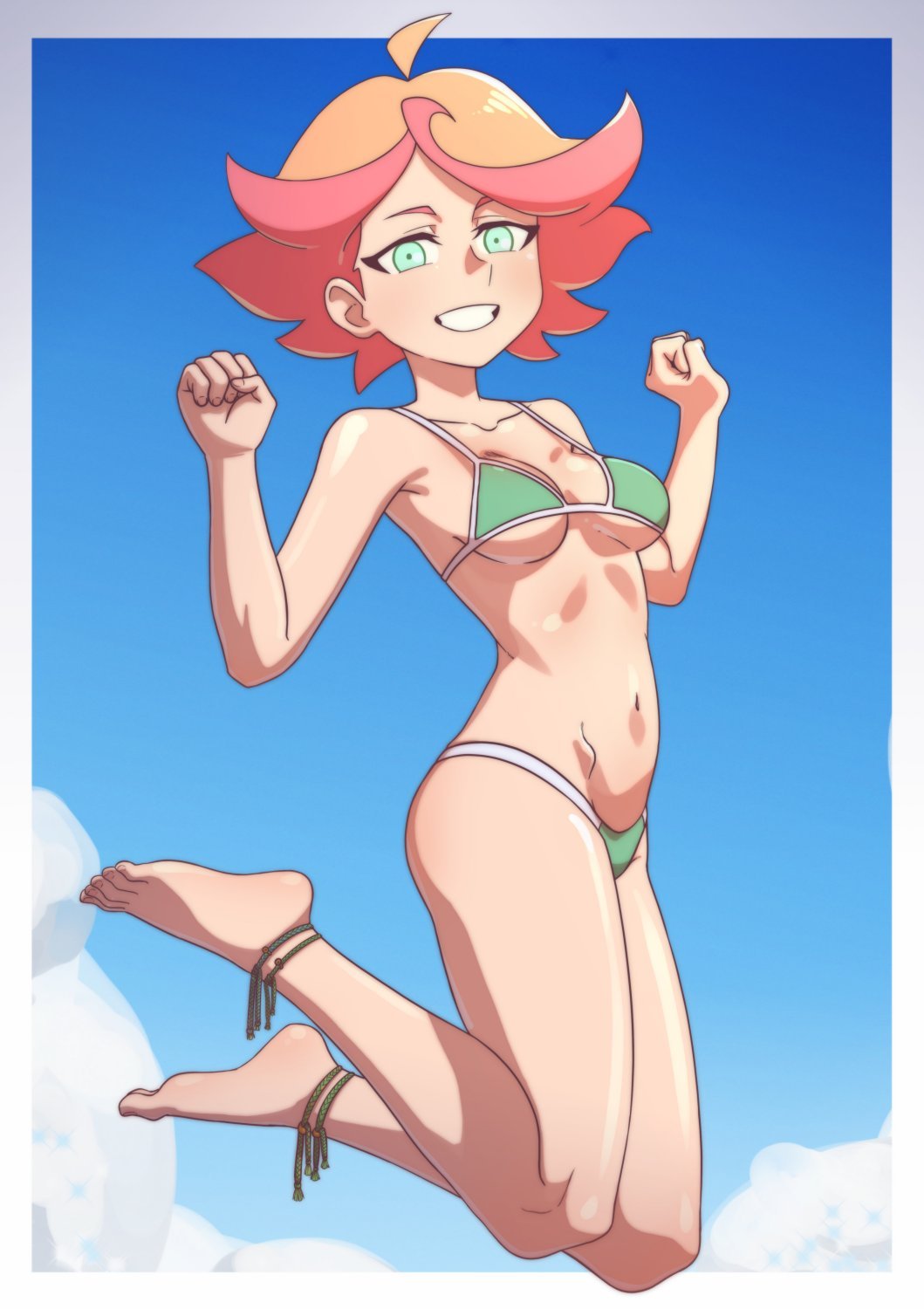 1girl amanda_o'neill anklet barefoot bikini blush breasts collarbone commission feet green_eyes grin hands_up highres jewelry jumping legs little_witch_academia medium_breasts multicolored_hair navel orange_hair red_hair shiny shiny_skin smile solo swimsuit tanquito toenails toes two-tone_hair underboob