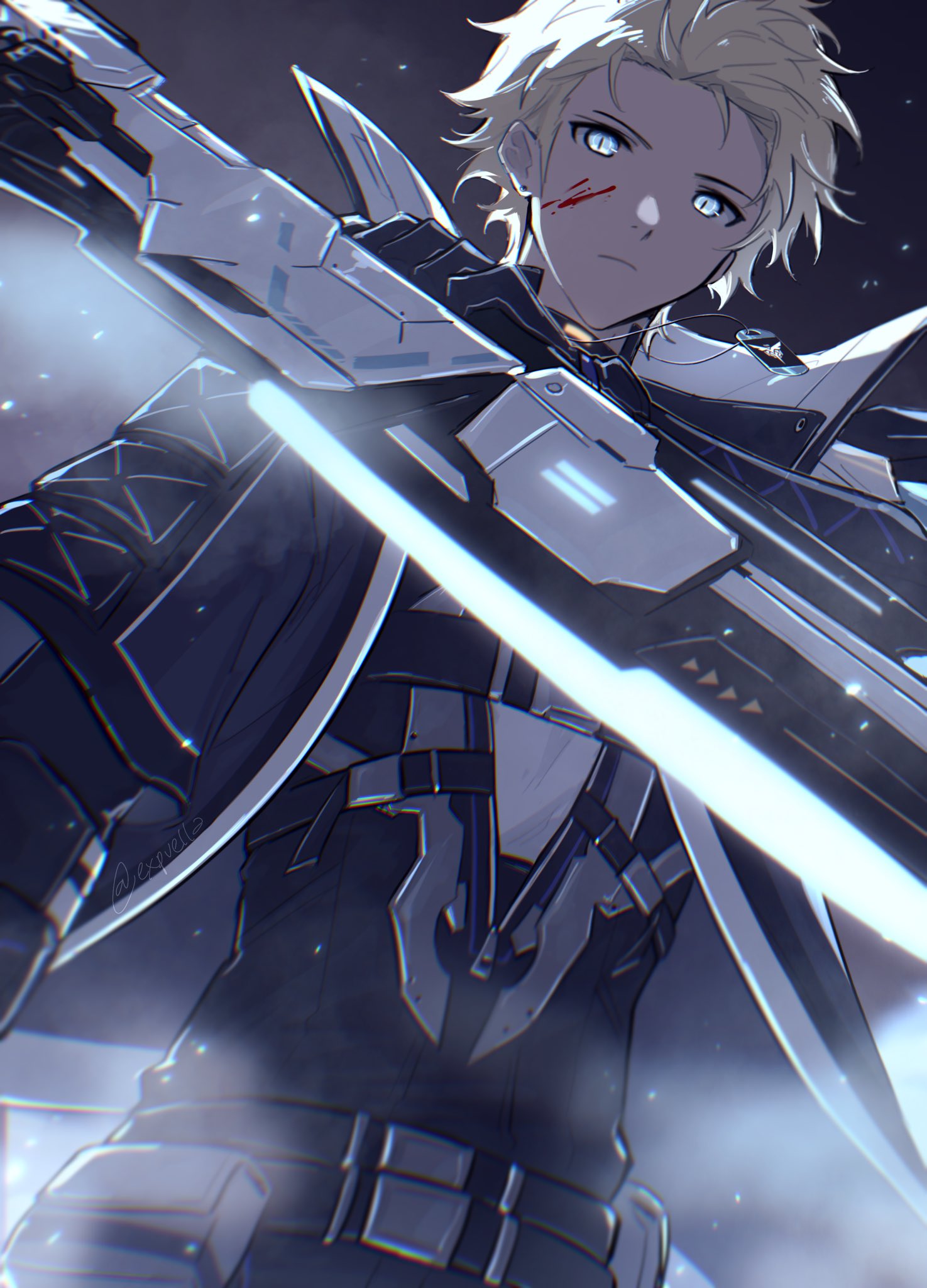 blonde_hair blood blood_on_face blue_eyes chrome_(punishing:_gray_raven) earrings fog frown gunblade highres holding holding_weapon jacket jewelry looking_at_viewer mao_(expuella) mechanical_arms mechanical_parts punishing:_gray_raven snow weapon