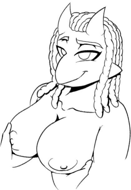 anthro babs_(gvh) breast_grab breasts dinosaur dreadlocks female goodbye_volcano_high hair hand_on_breast loansharkmann long_hair looking_at_viewer monochrome nipples nude reptile scalie simple_background snoot_game_(fan_game) solo video_games white_background