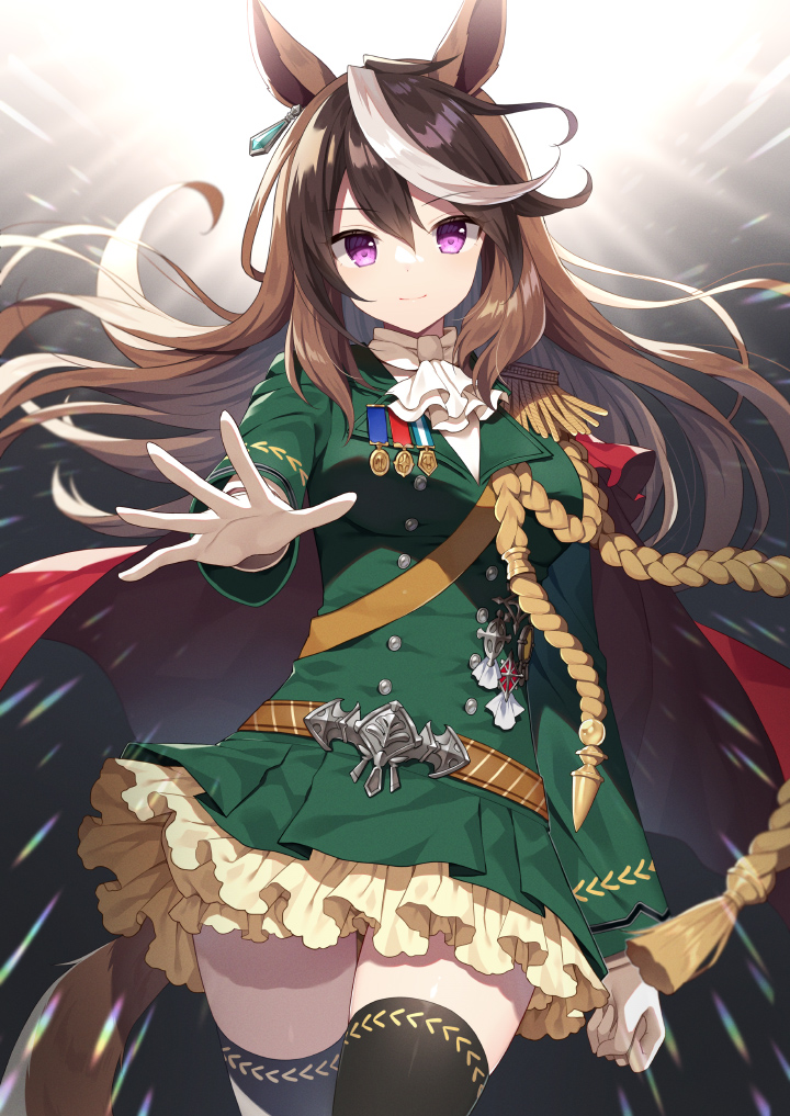 1girl animal_ears bangs black_thighhighs breasts brown_hair closed_mouth commentary_request gloves green_jacket green_skirt hair_between_eyes horse_ears horse_girl horse_tail jacket long_hair long_sleeves looking_at_viewer mauve medium_breasts multicolored_hair pleated_skirt purple_eyes shirt skirt smile solo streaked_hair symboli_rudolf_(umamusume) tail thighhighs two-tone_hair umamusume very_long_hair white_gloves white_hair white_shirt