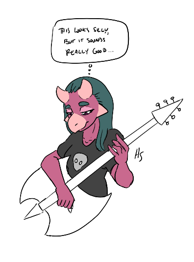 anthro babs_(gvh) clothed clothing dinosaur english_text female goodbye_volcano_high green_hair guitar hair half-closed_eyes heartsick horn long_hair multicolored_body musical_instrument narrowed_eyes plucked_string_instrument purple_body purple_eyes reptile scalie snoot_game_(fan_game) snout solo string_instrument text thought_bubble two_tone_body