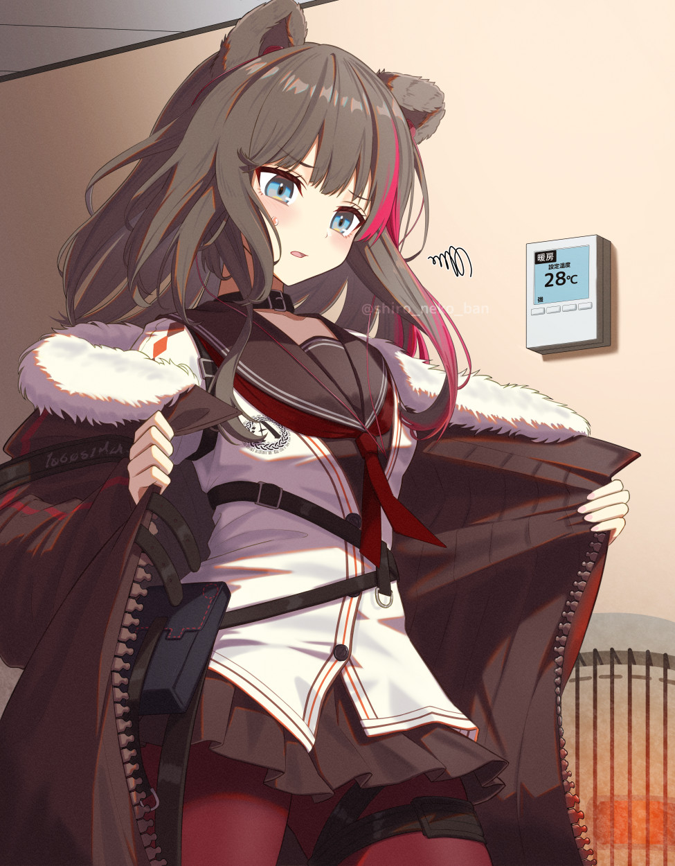 1girl animal_ears arknights bangs bear_ears blue_eyes blush brown_hair brown_jacket brown_skirt commentary_request cowboy_shot fur-trimmed_jacket fur_trim highres indoors jacket long_hair multicolored_hair neckerchief open_mouth pantyhose pleated_skirt red_hair red_neckerchief red_pantyhose sailor_collar school_uniform shironekoban skirt solo streaked_hair thermostat twitter_username two-tone_hair zima_(arknights)