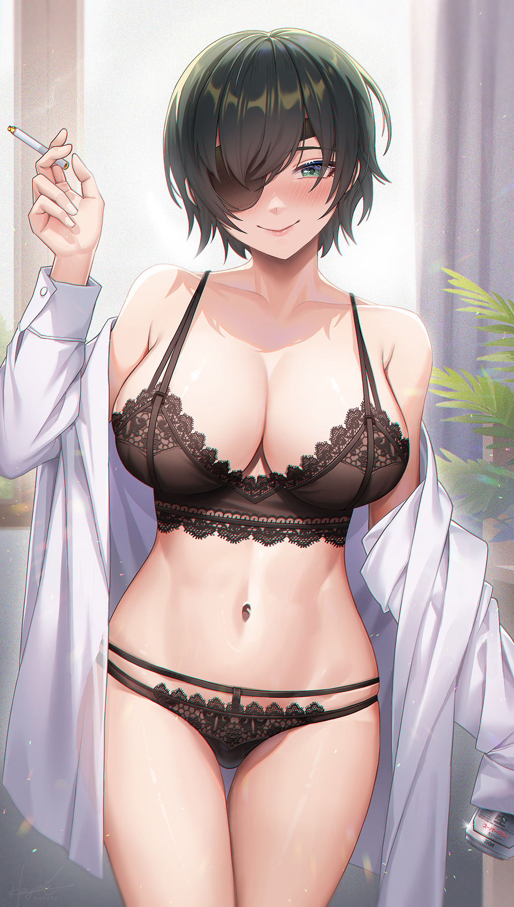 1girl beer_can black_bra black_hair black_panties blush bra breasts can chainsaw_man cigarette closed_mouth collarbone curtains eyepatch green_eyes highres himeno_(chainsaw_man) holding holding_can holding_cigarette indoors lace-trimmed_bra lace-trimmed_panties lace_trim large_breasts leaf98k looking_at_viewer navel off_shoulder panties shirt short_hair smile solo stomach thigh_gap thighs underwear white_shirt window