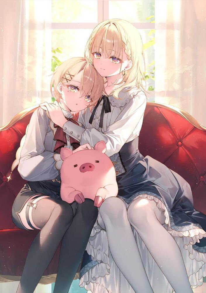 2girls animal black_ribbon black_thighhighs blonde_hair blue_dress buta_no_liver_wa_kanetsu_shiro ceres_(buta_no_liver_wa_kanetsu_shiro) closed_mouth couch cover cover_page curtains day dress frilled_dress frills head_on_another's_shoulder hug jess_(buta_no_liver_wa_kanetsu_shiro) long_sleeves multiple_girls official_art on_couch open_mouth pig ribbon shirt shorts smile thigh_strap thighhighs thighs toosaka_asagi white_shirt white_thighhighs window yellow_eyes