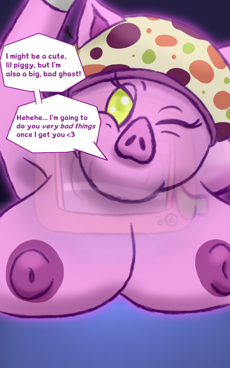 10:16 anthro big_breasts breasts domestic_pig english_text female ghost hi_res luigi's_mansion mammal miss_petunia naked_dan overweight pig_nose pink_body pink_skin solo spirit suid suina sus_(pig) television text translucent translucent_body video_games