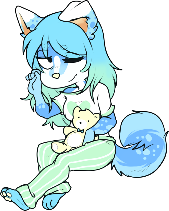 2016 alpha_channel anthro barefoot biped blue_body blue_fur blue_hair bottomwear canid canine clothing curled_tail digital_media_(artwork) feet female folded_ears fur gradient_hair green_hair hair hindpaw holding_object holding_plushie holding_teddy_bear mammal multicolored_hair one_eye_closed pajama_pants pajama_shirt pajamas pants pattern_bottomwear pattern_clothing pattern_pants pawpads paws pink_pawpads plushie simple_background solo striped_bottomwear striped_clothing striped_pants stripes teddy_bear tired transparent_background two_tone_hair white_body white_fur zyira