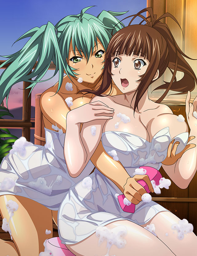 2girls arched_back bachou_mouki bare_arms breast_grab breasts brown_eyes brown_hair cleavage closed_mouth collarbone floating_hair grabbing grabbing_from_behind green_eyes green_hair high_ponytail ikkitousen kneeling large_breasts leaning_forward long_hair looking_at_another multiple_girls naked_towel open_mouth ryofu_housen shiny shiny_hair sitting smile towel wet_towel yuri