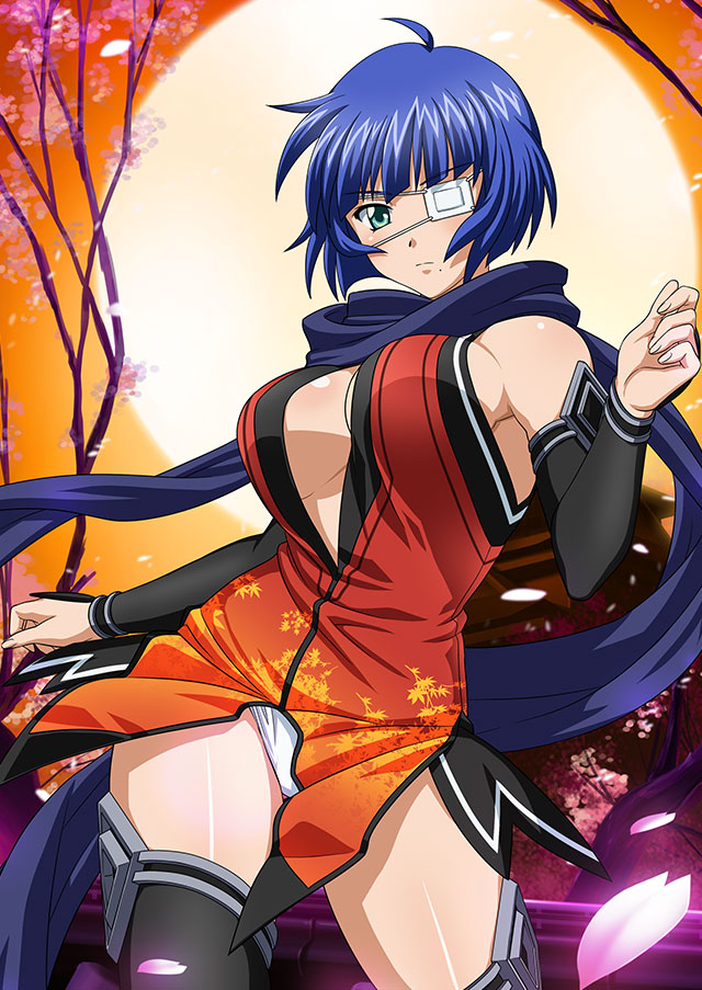 1girl ahoge alternate_costume bangs black_sleeves black_thighhighs blue_hair blue_scarf blunt_bangs breasts cleavage closed_mouth crown detached_sleeves dress eyepatch full_moon green_eyes ikkitousen large_breasts long_sleeves looking_at_viewer mole mole_under_mouth moon ninja orange_sky panties print_dress red_dress ryomou_shimei scarf shiny shiny_hair short_dress short_hair sideboob sky sleeveless sleeveless_dress solo thighhighs underwear white_panties