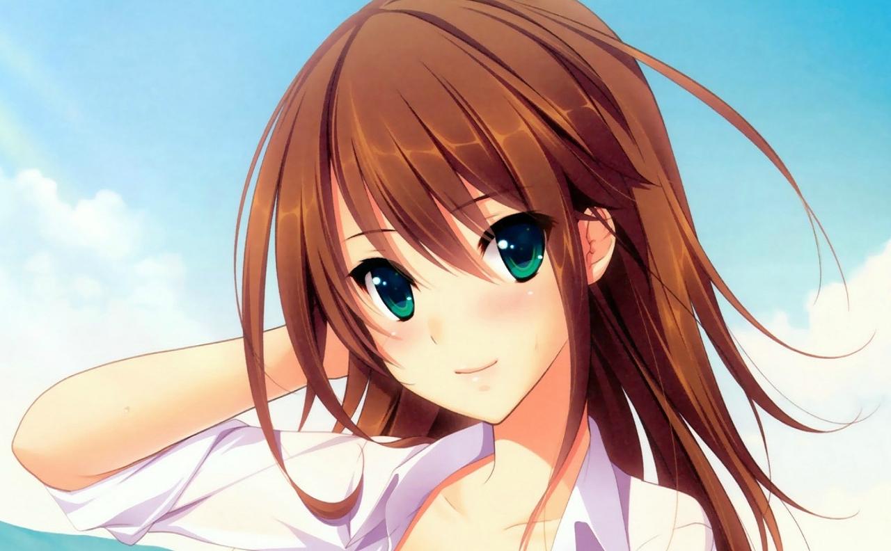 1girl arm_behind_head blush brown_hair cloud cropped green_eyes hatsukoi_1/1 koizumi_amane long_hair looking_at_viewer non-web_source open_clothes open_shirt scan shirt sky smile solo source_request third-party_edit tokizaki_maya upper_body very_long_hair white_shirt