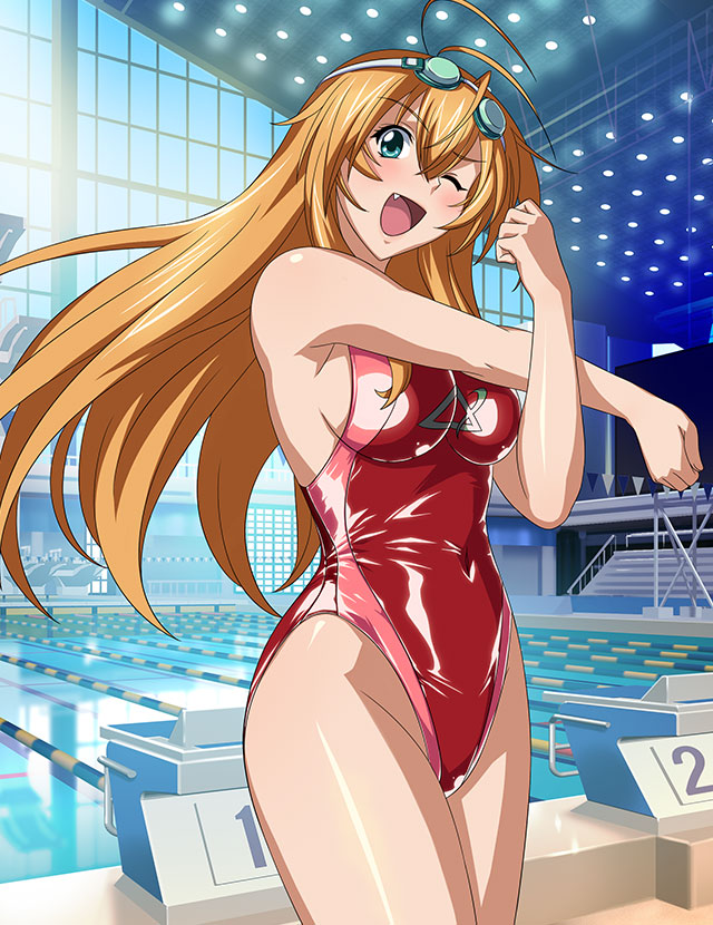 1girl ;d antenna_hair bangs bare_arms bare_legs blonde_hair breasts competition_swimsuit covered_navel fang floating_hair goggles goggles_on_head green_eyes hair_between_eyes ikkitousen indoors long_hair medium_breasts one-piece_swimsuit one_eye_closed open_mouth poolside red_one-piece_swimsuit shiny shiny_hair shiny_skin sideboob smile solo sonsaku_hakufu standing straight_hair stretching swimsuit very_long_hair