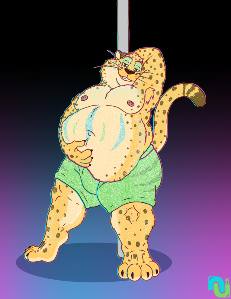 2022 4_fingers 4_toes anthro armpit_tuft belly benjamin_clawhauser bottomwear cheetah clothed clothing dancing digital_media_(artwork) disney feet felid feline fingers fur looking_at_viewer male mammal nenana-uso nipples overweight overweight_anthro overweight_male pole pole_dancing smile solo spots spotted_body spotted_fur toes topless tuft underwear whiskers yellow_body yellow_fur zootopia