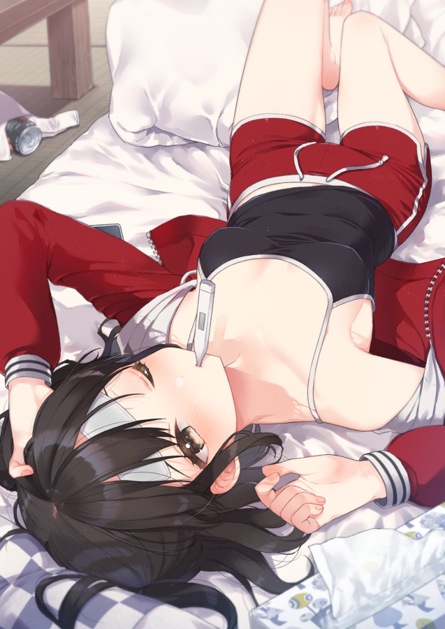 1girl alternate_costume armpits barefoot black_camisole breasts brown_eyes brown_hair camisole can digital_thermometer futon hand_in_own_hair hood hoodie kantai_collection koruri light_blush lying messy_hair off_shoulder on_back one_eye_closed pillow red_hoodie red_shorts sendai_(kancolle) shorts sick small_breasts tatami thermometer tissue tissue_box