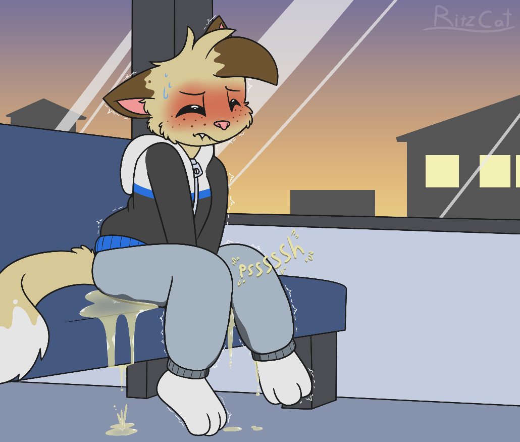 anthro blush bodily_fluids building bus colored commercial_vehicle genital_fluids holding_crotch house humanoid male omorashi onomatopoeia peeing public public_transportation ritz_(ritzcat) ritzcat sitting solo sound_effects text urine vehicle vehicle_for_hire watermark window