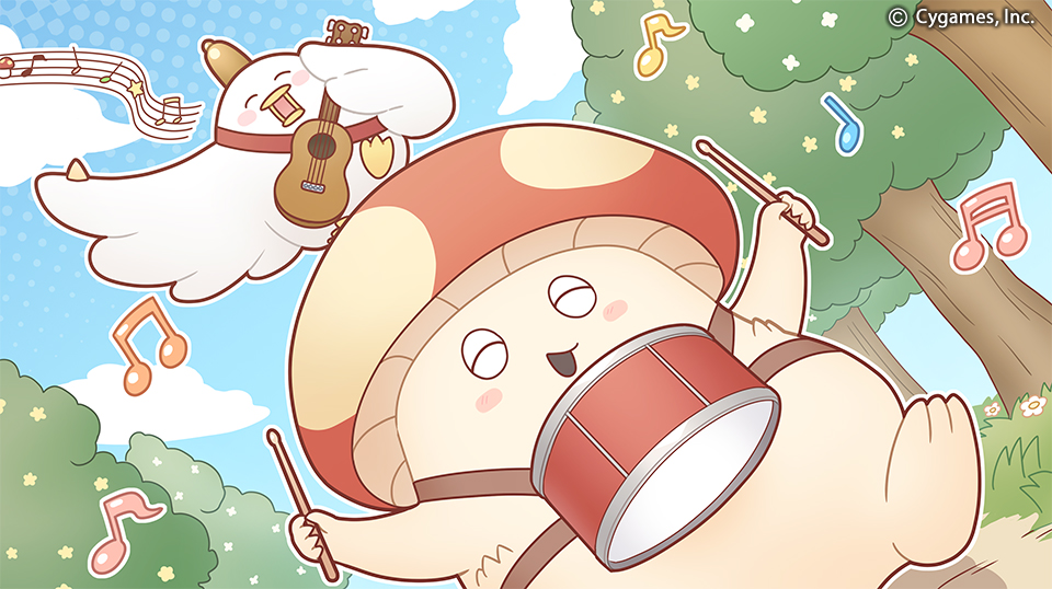 2others ^_^ bird character_request closed_eyes cygames drum drumsticks guitar holding holding_drumsticks holding_instrument instrument multiple_others mushroom musical_note no_humans official_art shingeki_no_bahamut world_flipper