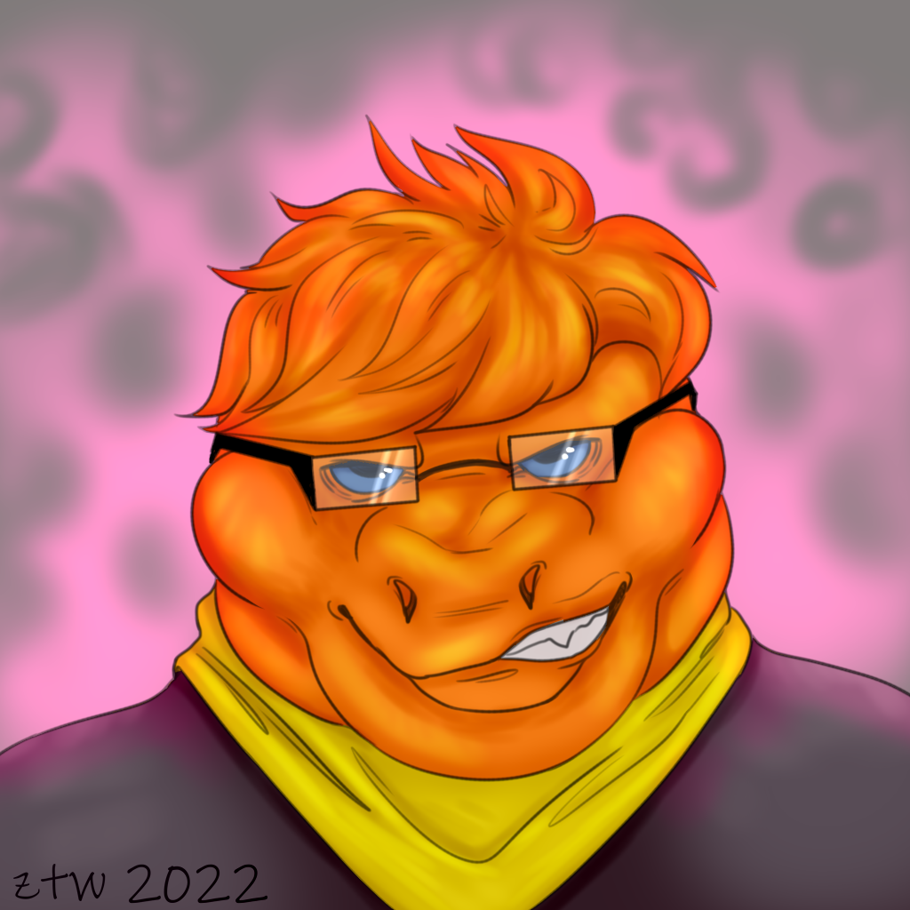 anthro antjro dragon fire fur icon lizard magic magic_user magician male orange_body orange_fur overweight purple_background reptile scalie simple_background sketch solo thick_thighs zhekathewolf ztw2022