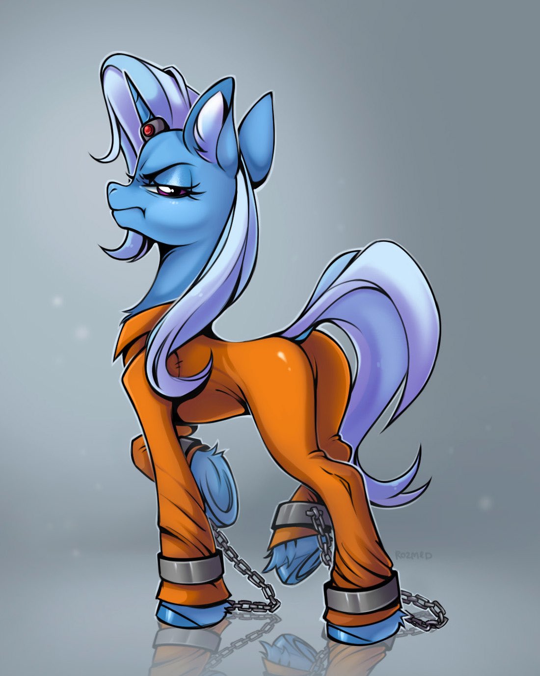 blue_body blue_hair blue_hooves blue_tail chain clothing cuff_(restraint) digital_media_(artwork) dock equid equine eyelashes female feral friendship_is_magic grumpy hair half-closed_eyes handcuffs hasbro hi_res hooves horn horn_jewelry horn_ring inner_ear_fluff lagomorph mammal metal_cuffs my_little_pony narrowed_eyes prison_uniform prisoner raised_tail restraints ring ring_(jewelry) rozmed solo trixie_(mlp) tuft unicorn unicorn_horn uniform unimpressed