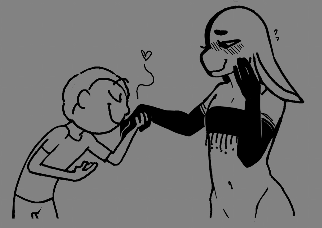 &lt;3 abigrock adult_swim animal_humanoid anthro arm_tattoo beads blush blush_lines bodily_fluids bowing cartoon_network clothing crop_top duo ears_down ells fan_character female flat_chested hand_holding hand_on_cheek human humanoid kiss_on_hand lagomorph lagomorph_humanoid male male/female mammal mammal_humanoid monochrome morty_smith pantsless pantsless_anthro pivoted_ears rick_and_morty shirt simple_background smile split_color sweat sweatdrop taller_female tattoo topwear