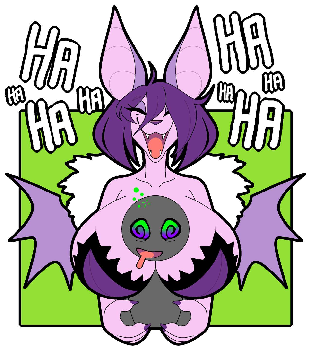 4_fingers anthro big_breasts breast_play breast_squish breasts chiropteran clothed clothing duo female fingers fukkusu fur hi_res human hypnofood hypnosis laugh male male/female mammal membrane_(anatomy) membranous_wings mind_control purple_body purple_fur simple_background smile squish text wings