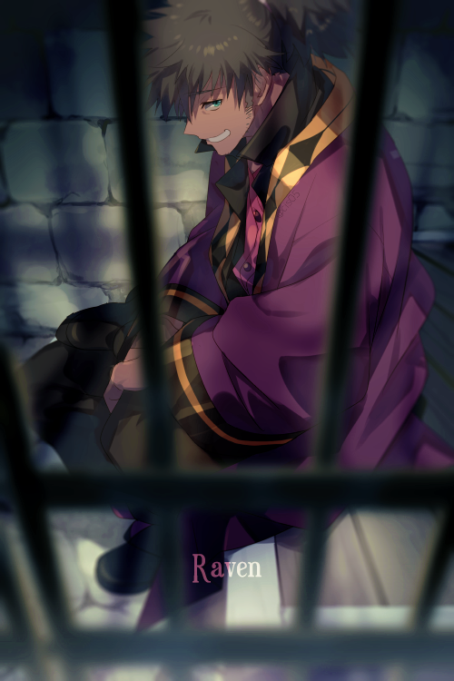1boy belt black_hair character_name echo_(circa) full_body looking_at_viewer male_focus ponytail prison_cell raven_(tales) smile solo tales_of_(series) tales_of_vesperia