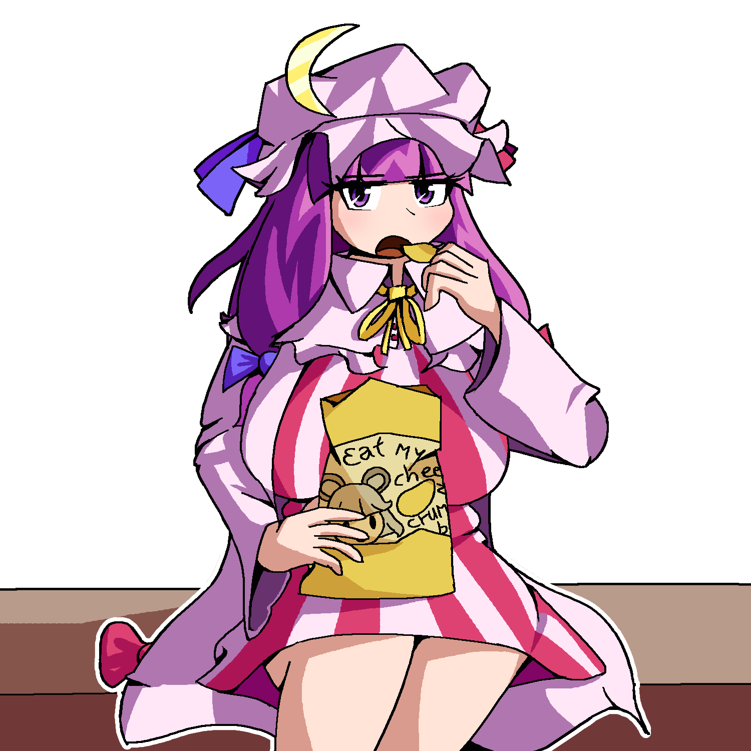 1girl blue_bow bow chips_(food) crescent crescent_hat_ornament eating food hat hat_ornament highres long_hair long_sleeves mob_cap neck_ribbon patchouli_knowledge plump purple_eyes purple_hair red_bow ribbon robe rumielle simple_background sitting touhou very_long_hair
