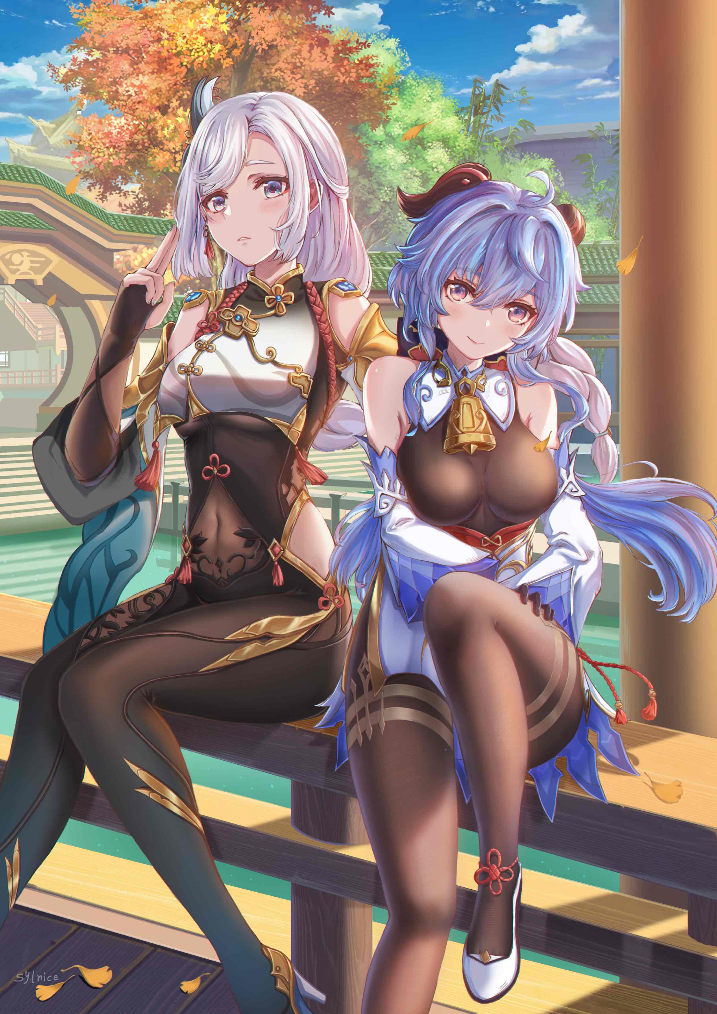 2girls absurdres architecture bangs bell black_bodysuit black_gloves blue_hair blue_sky blurry bodysuit cloud cloudy_sky commentary_request depth_of_field detached_sleeves earrings east_asian_architecture eyes_visible_through_hair fingerless_gloves ganyu_(genshin_impact) genshin_impact gloves grey_eyes grey_hair hair_between_eyes hair_ornament highres horns jewelry knees_together_feet_apart long_hair long_sleeves looking_at_viewer low_ponytail multiple_girls neck_bell pantyhose parted_bangs parted_lips purple_eyes shenhe_(genshin_impact) short_sleeves sidelocks sitting_on_fence sky smile sylnice tree