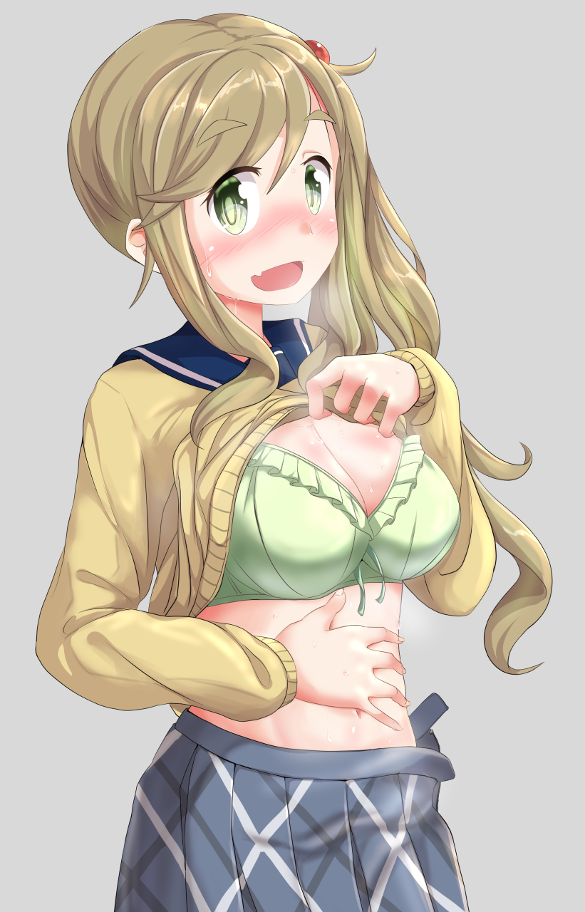 1girl bangs blonde_hair blush bra breasts cleavage clothes_lift commentary_request fang green_bra green_eyes hand_on_own_stomach highres inuyama_aoi large_breasts looking_at_viewer open_mouth sailor_collar school_uniform serafuku shirt_lift side_ponytail sidelocks skirt sweat underwear upper_body yurucamp yuukin