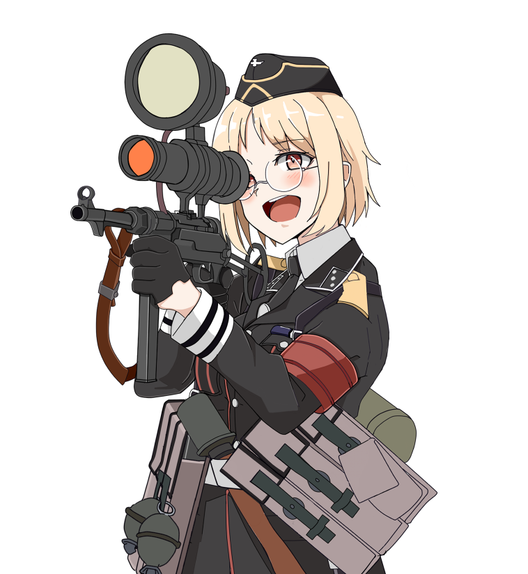 1girl aiming ammunition_pouch bangs belt bespectacled black_headwear black_jacket black_necktie blonde_hair collar_tabs collared_shirt crazy epaulettes explosive gas_mask_canister girls'_frontline glasses grenade gun hat holding holding_gun holding_weapon infrared jacket korean_commentary light_blush long_sleeves military_hat military_jacket mp40 mp40_(girls'_frontline) necktie night_vision_device open_mouth optical_sight pouch red_armband red_eyes round_eyewear shirt short_hair simple_background sleeve_cuffs sling_(weapon) solo stielhandgranate submachine_gun upper_body wani_(perfect_han) weapon white_background white_belt white_shirt zg_1229_vampir