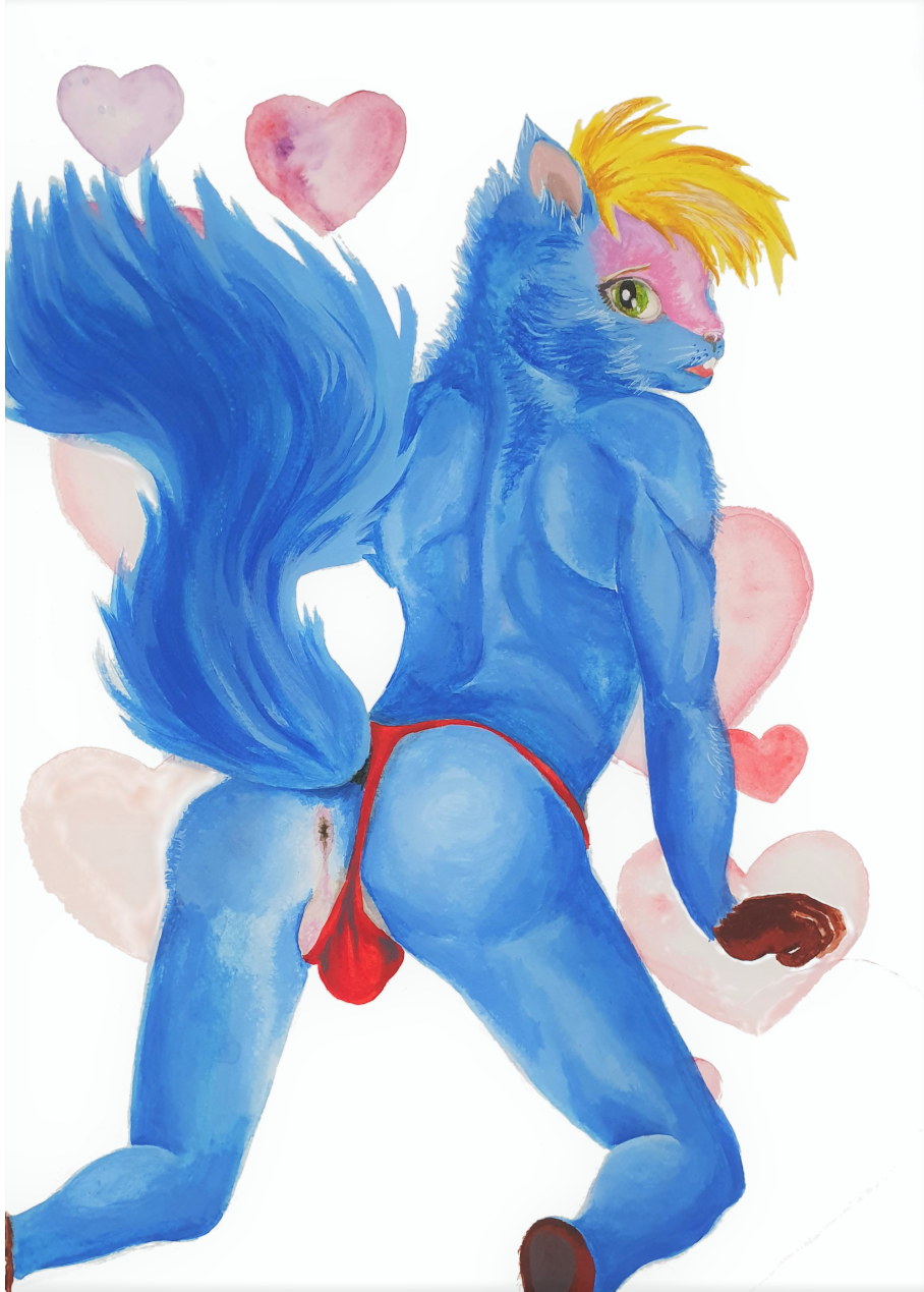 all_fours anthro anus blonde_hair blue_body blue_fur brown_body brown_fur buckteeth butt clothing fluffy fluffy_tail fur genitals green_eyes hair hearts_around_body hi_res male mammal pink_heart red_clothing red_thong red_undergarments red_underwear rembrandt_van_squid rodent sciurid solo teeth thong trevorbluesquirrel underwear whiskers