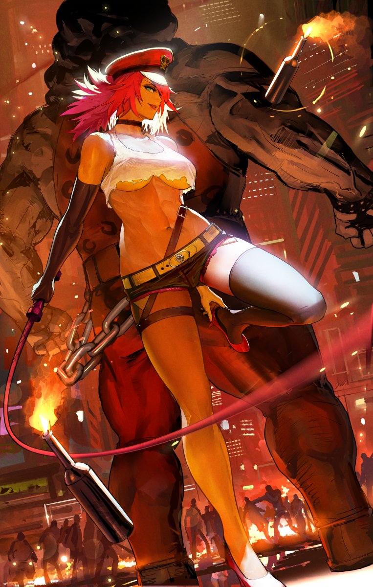 1boy 1girl abs belt black_choker breasts capcom choker crop_top denim denim_shorts elbow_gloves final_fight gloves hat high_heels highres hugo_andore large_breasts long_hair micro_shorts midriff okojo peaked_cap pink_hair poison_(final_fight) shorts single_thighhigh street_fighter street_fighter_iii_(series) tank_top thighhighs torn_clothes underboob whip