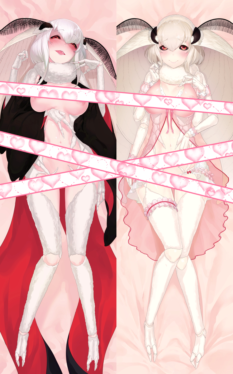 1girl antennae arthropod_girl black_sclera blush body_fur breasts bridal_garter censored colored_sclera commentary_request dakimakura_(medium) extra_arms fewer_digits frills full_body heart highres large_breasts lingerie looking_at_viewer mashiro_(solopipb) monster_girl moth_girl moth_wings navel neck_fur negligee nipples open_mouth original panties pink_negligee red_eyes short_hair smile solopipb underwear white_fur white_hair white_panties wings