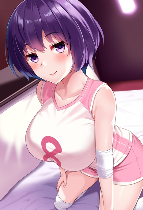 1girl bangs bare_shoulders bed bed_sheet blush breasts closed_mouth colored_eyelashes commentary_request elbow_pads eyebrows_visible_through_hair from_above gym_shorts gym_uniform huyumitsu indoors knee_pads kneeling large_breasts looking_at_viewer number on_bed original pillow pink_shorts purple_eyes purple_hair shirt short_hair shorts sleeveless sleeveless_shirt smile solo sportswear uniform volleyball_uniform white_shirt