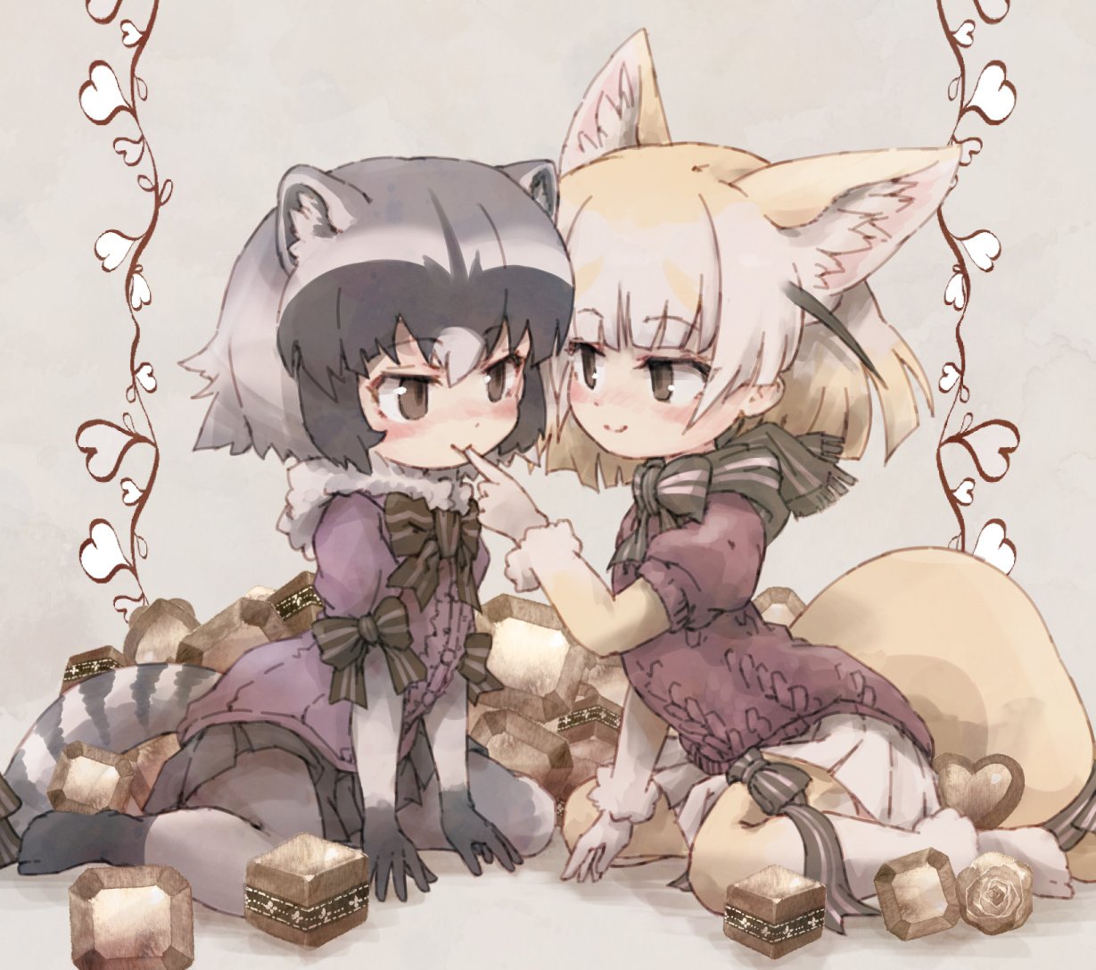 2girls adapted_costume animal_ear_fluff animal_ears blonde_hair bow bowtie chocolate commentary common_raccoon_(kemono_friends) elbow_gloves eyebrows_visible_through_hair fennec_(kemono_friends) finger_to_another's_mouth fox_ears fox_tail fur_collar fur_trim gloves grey_hair kemono_friends kolshica multicolored_hair multiple_girls no_shoes pantyhose pleated_skirt puffy_short_sleeves puffy_sleeves raccoon_ears raccoon_tail short_hair short_sleeves skirt smile sweater tail thigh_bow thighhighs zettai_ryouiki
